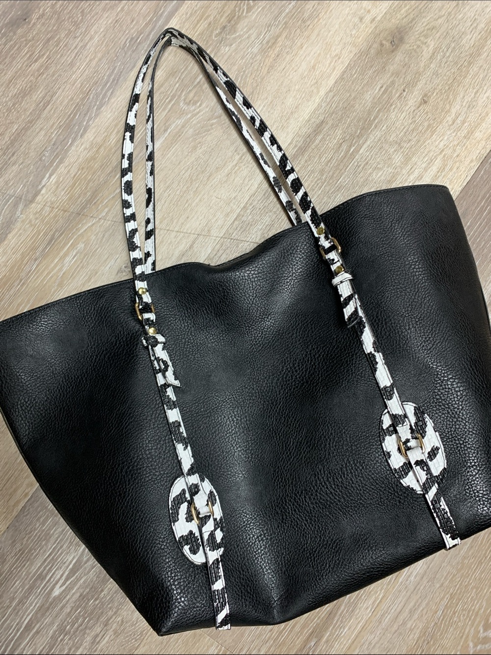 Neiman Marcus Black Tote with White Patterned Straps